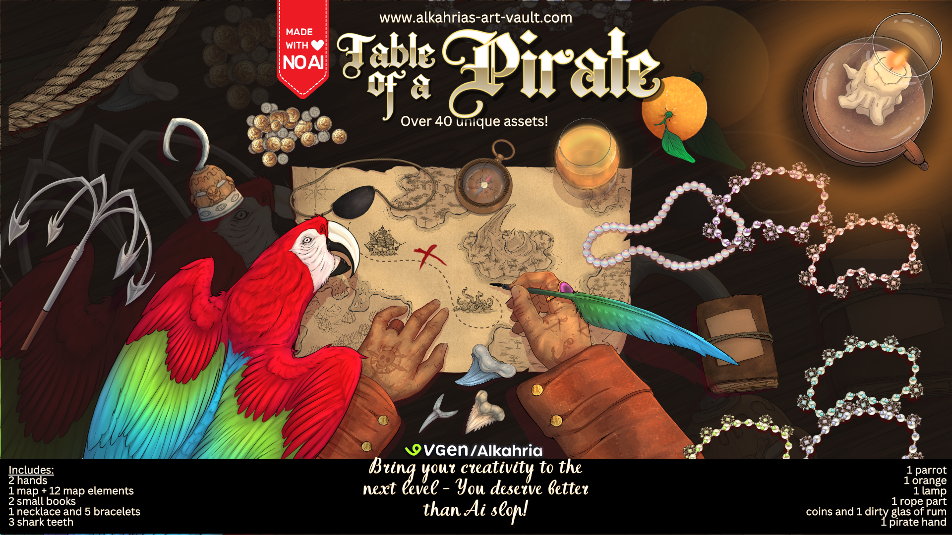 TABLE of a PIRATE - adventurous pirate & companion Art Asset Pack [40+ Assets in 3 Canva Templates]