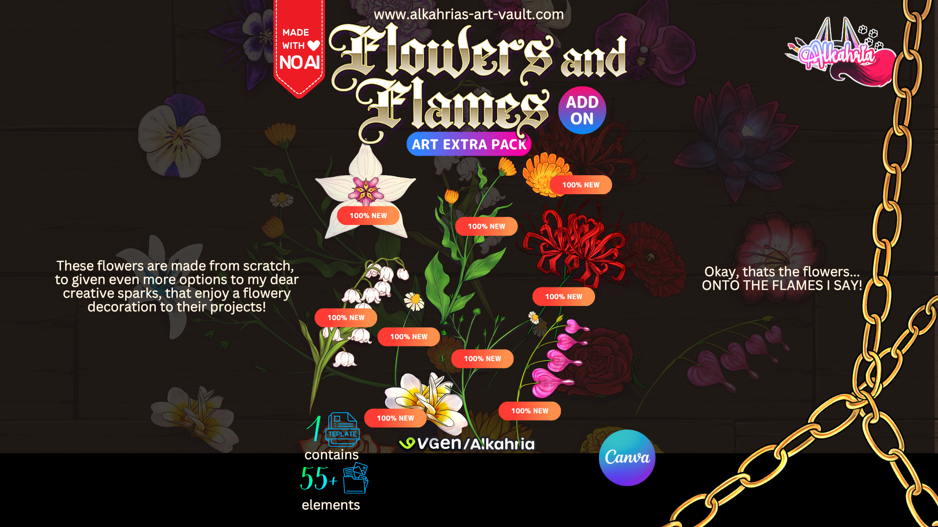 Flowers and Flames - Soft light and colourful flowers for your creative project - Art Asset ADD-ON [25+ Assets in 1 Canva Template]