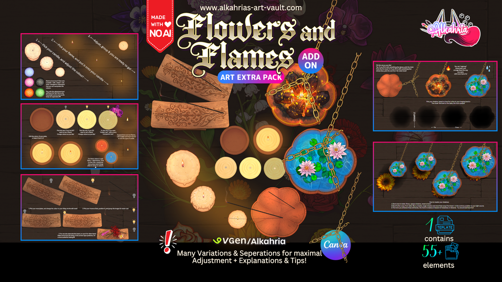 Flowers and Flames - Soft light and colourful flowers for your creative project - Art Asset ADD-ON [25+ Assets in 1 Canva Template]
