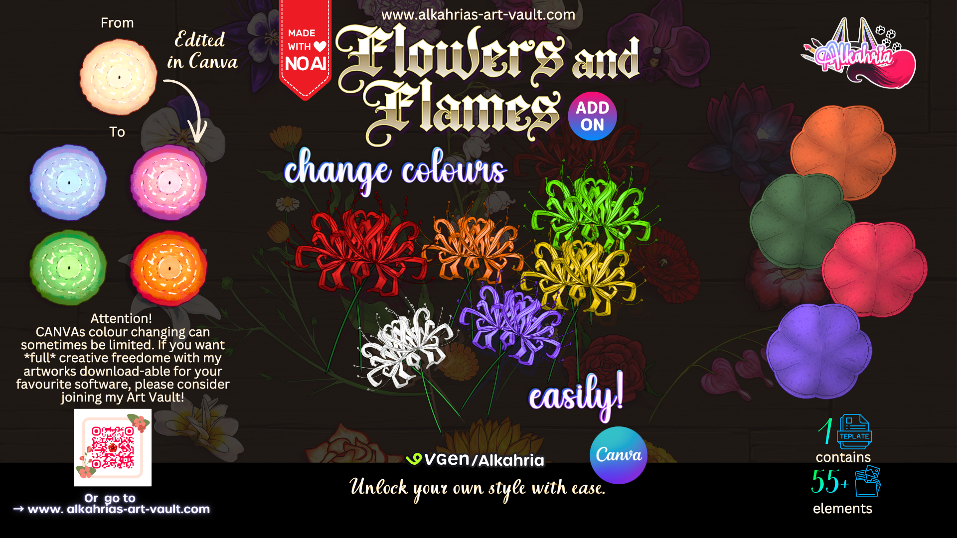 Flowers and Flames - Soft light and colourful flowers for your creative project - Art Asset ADD-ON [25+ Assets in 1 Canva Template]