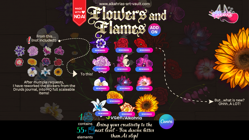 Flowers and Flames - Soft light and colourful flowers for your creative project - Art Asset ADD-ON [25+ Assets in 1 Canva Template]