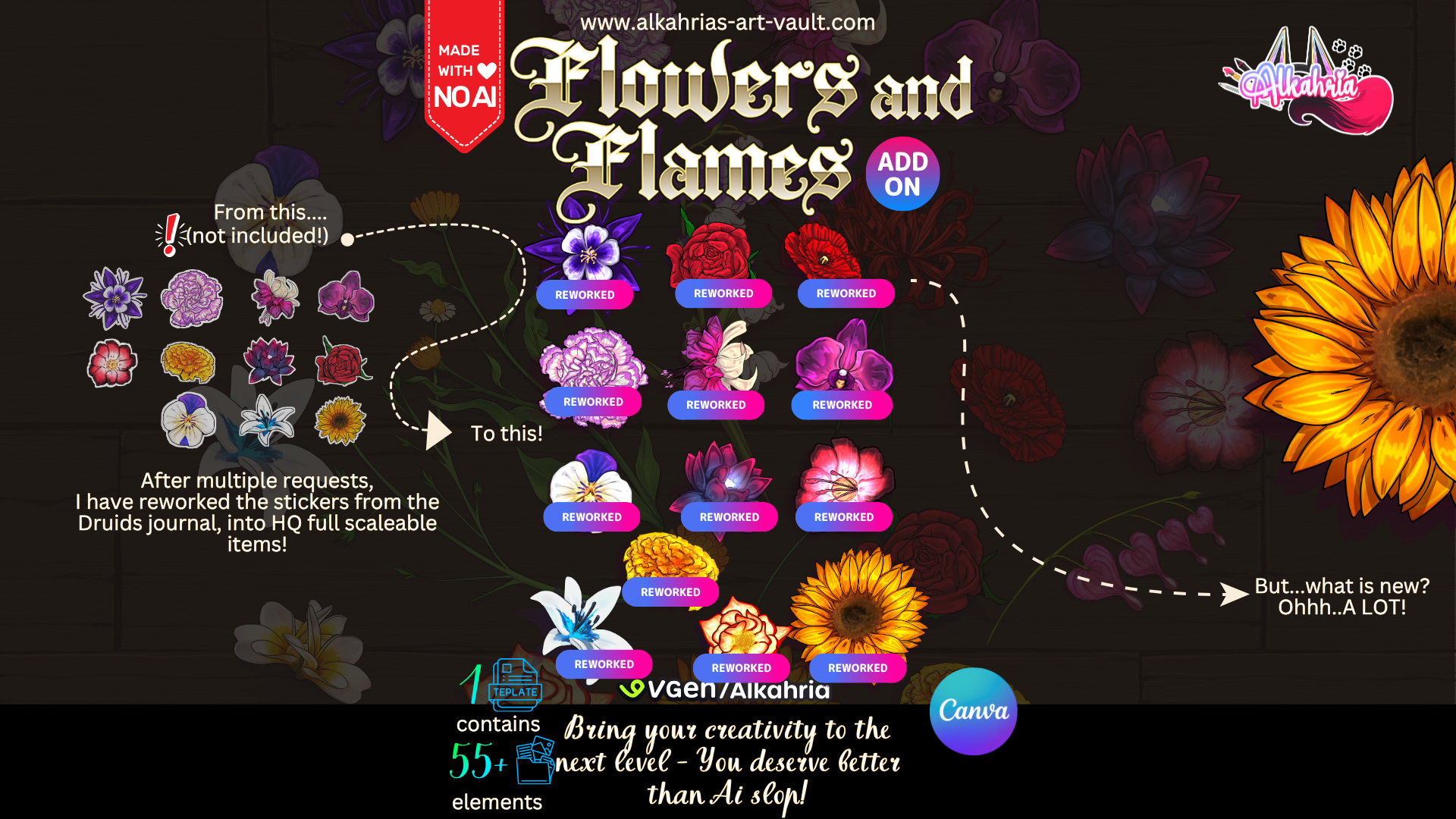 Flowers and Flames - Soft light and colourful flowers for your creative project - Art Asset ADD-ON [25+ Assets in 1 Canva Template]