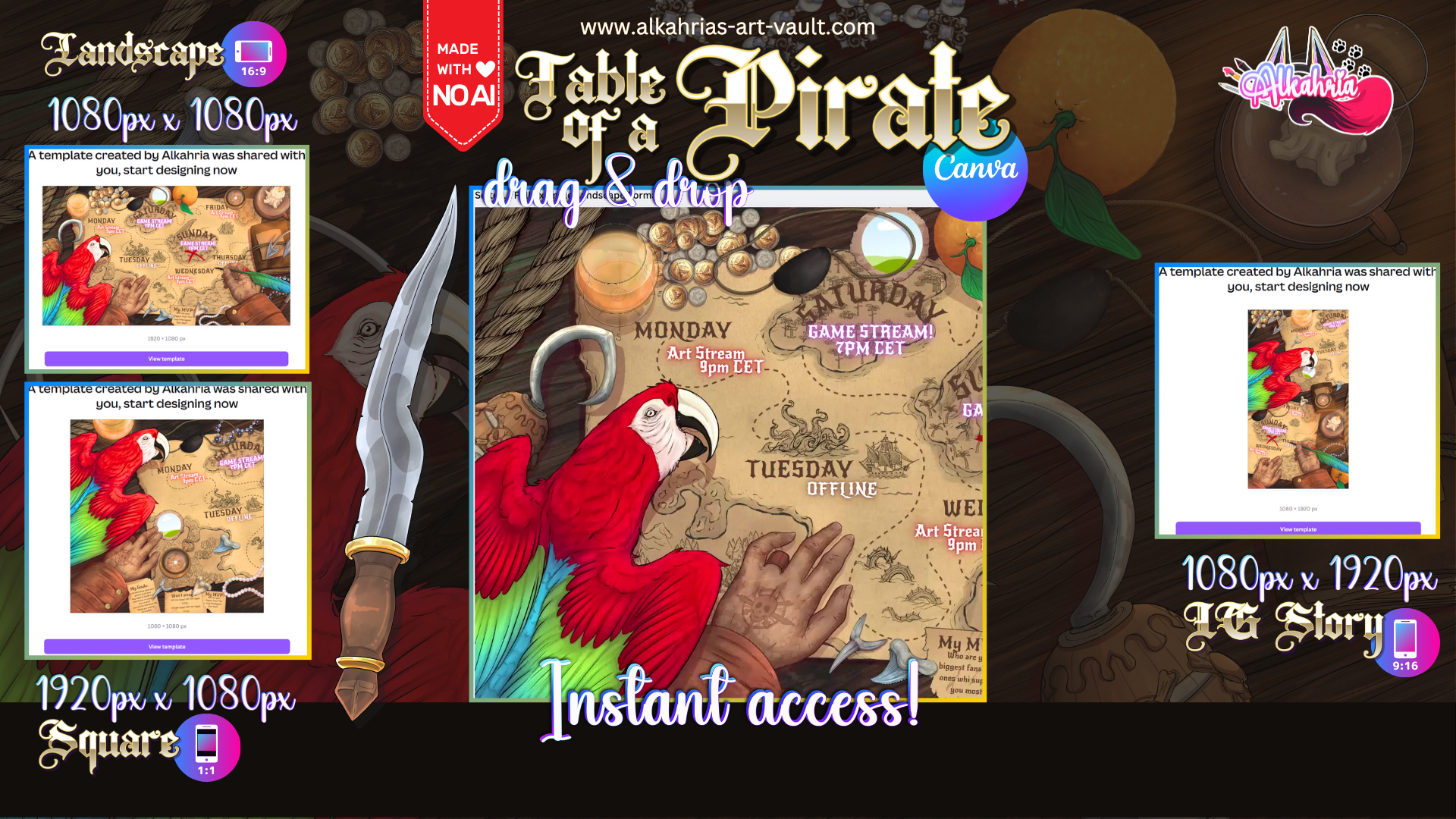 TABLE of a PIRATE - adventurous pirate & companion Art Asset Pack [40+ Assets in 3 Canva Templates]