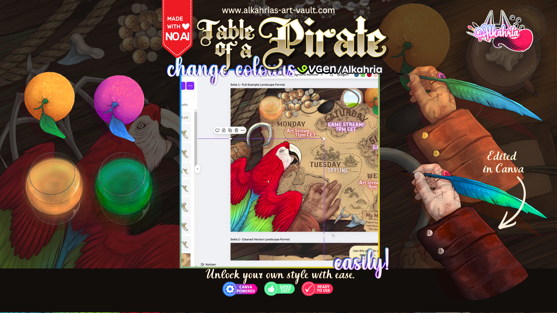 TABLE of a PIRATE - adventurous pirate & companion Art Asset Pack [40+ Assets in 3 Canva Templates]
