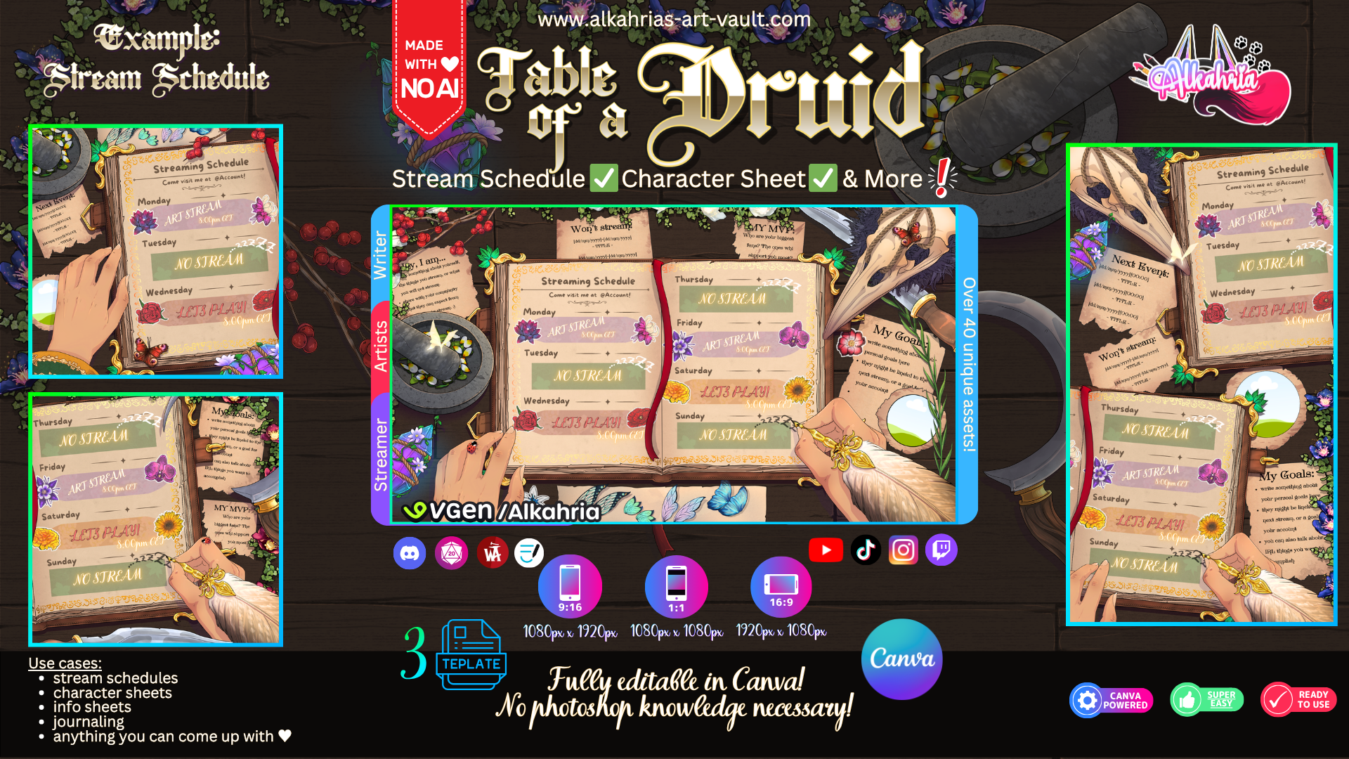 TABLE of a DRUID - nature coded, fantasy infused Art Asset Pack [40+ Assets in 3 Canva Templates]
