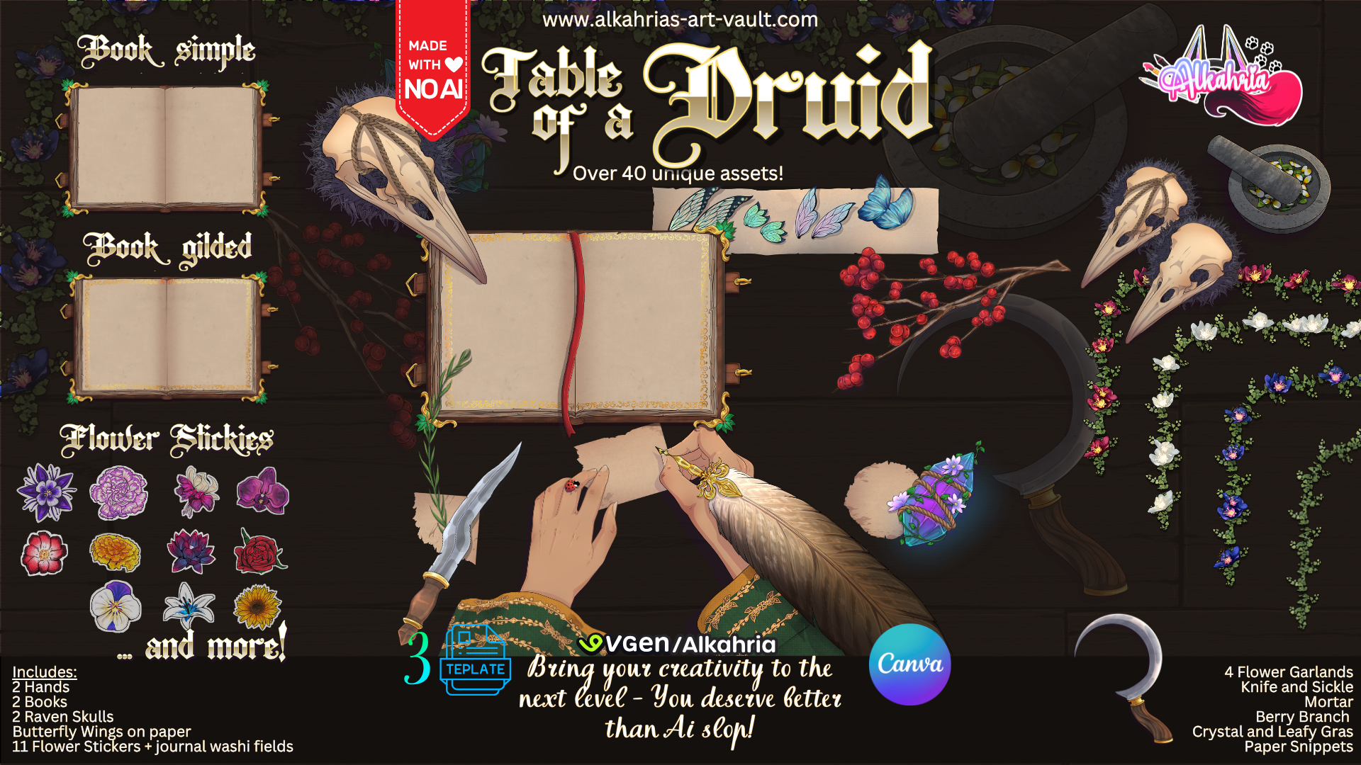 TABLE of a DRUID - nature coded, fantasy infused Art Asset Pack [40+ Assets in 3 Canva Templates]