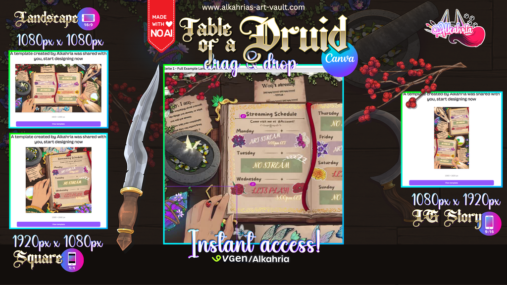 TABLE of a DRUID - nature coded, fantasy infused Art Asset Pack [40+ Assets in 3 Canva Templates]