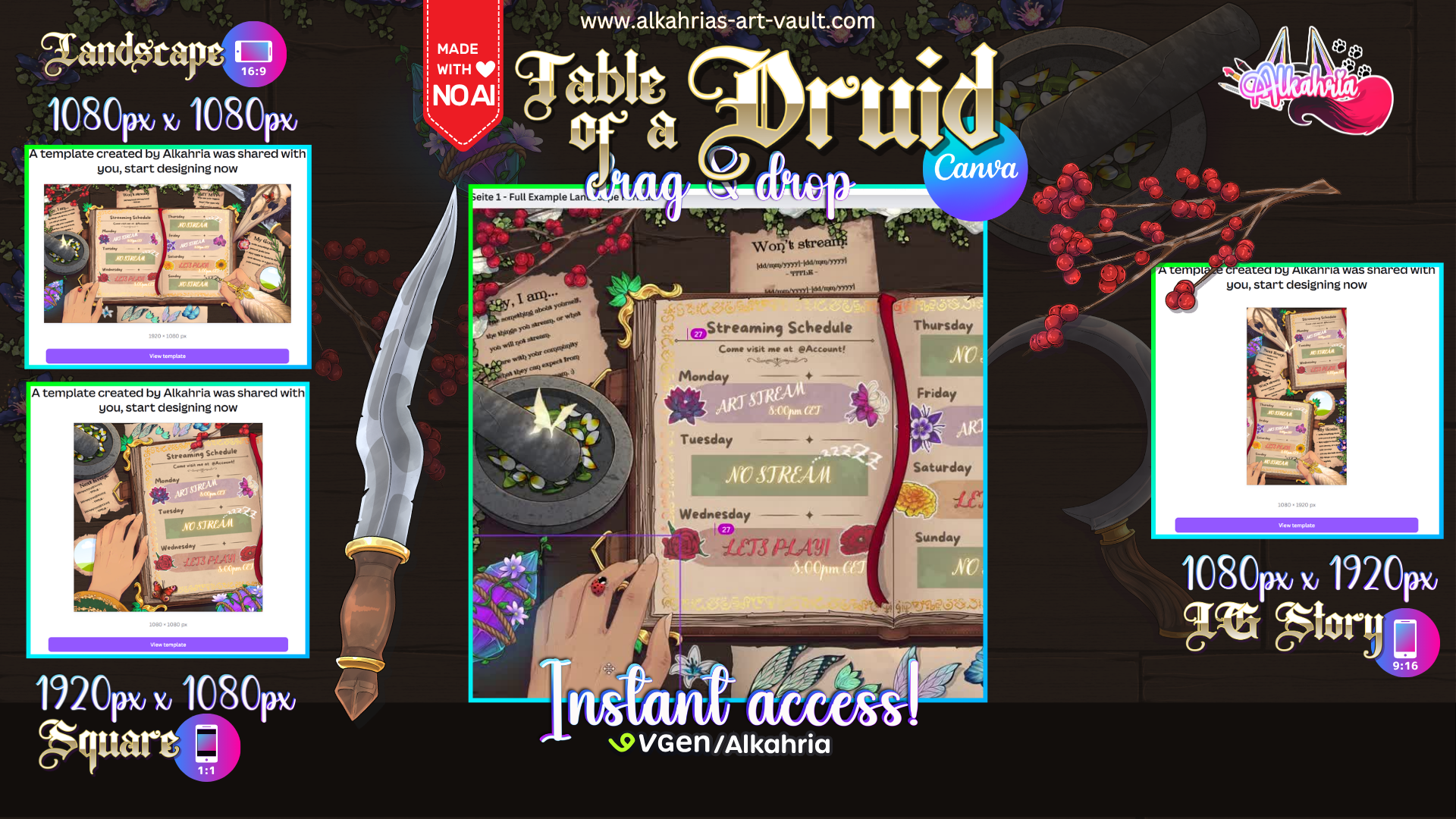 TABLE of a DRUID - nature coded, fantasy infused Art Asset Pack [40+ Assets in 3 Canva Templates]