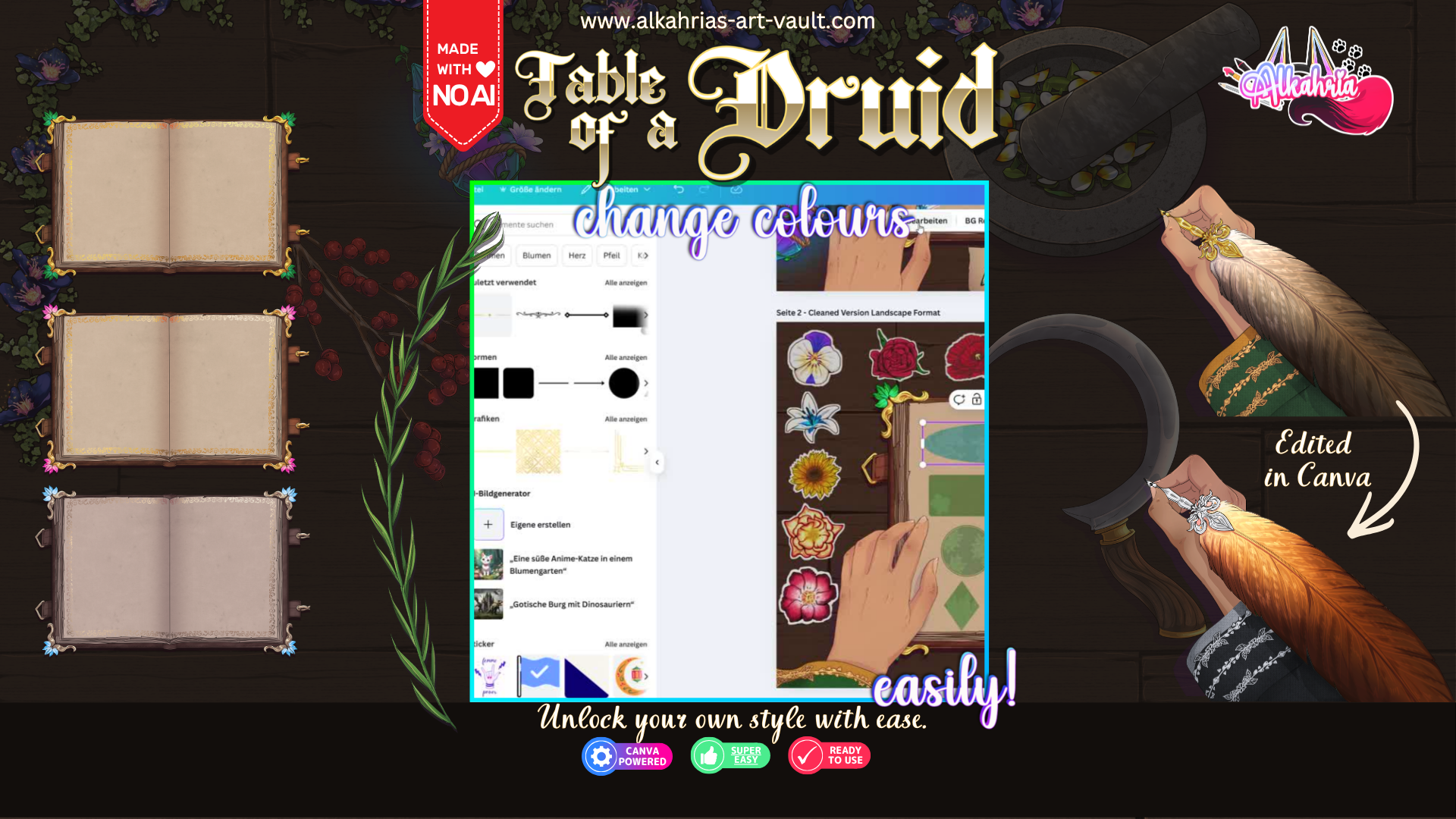 TABLE of a DRUID - nature coded, fantasy infused Art Asset Pack [40+ Assets in 3 Canva Templates]