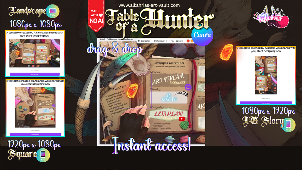 TABLE of a HUNTER – Monster Hunter X The Witcher Aesthetic [40+ Assets in 3 Canva Templates]