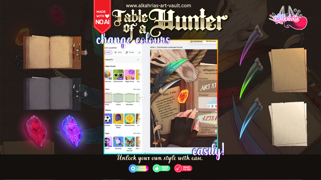 TABLE of a HUNTER – Monster Hunter X The Witcher Aesthetic [40+ Assets in 3 Canva Templates]