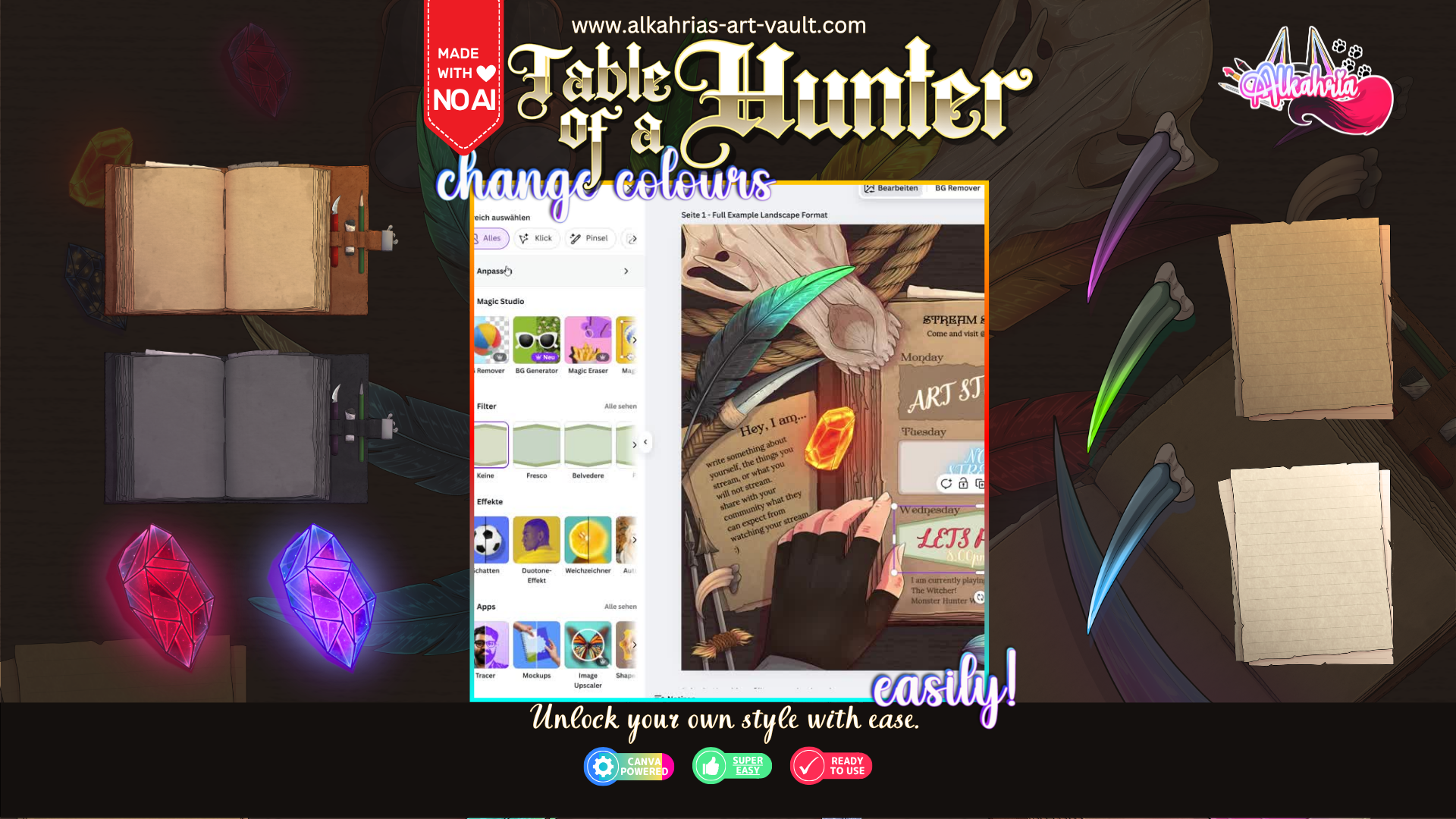 TABLE of a HUNTER – Monster Hunter X The Witcher Aesthetic [40+ Assets in 3 Canva Templates]