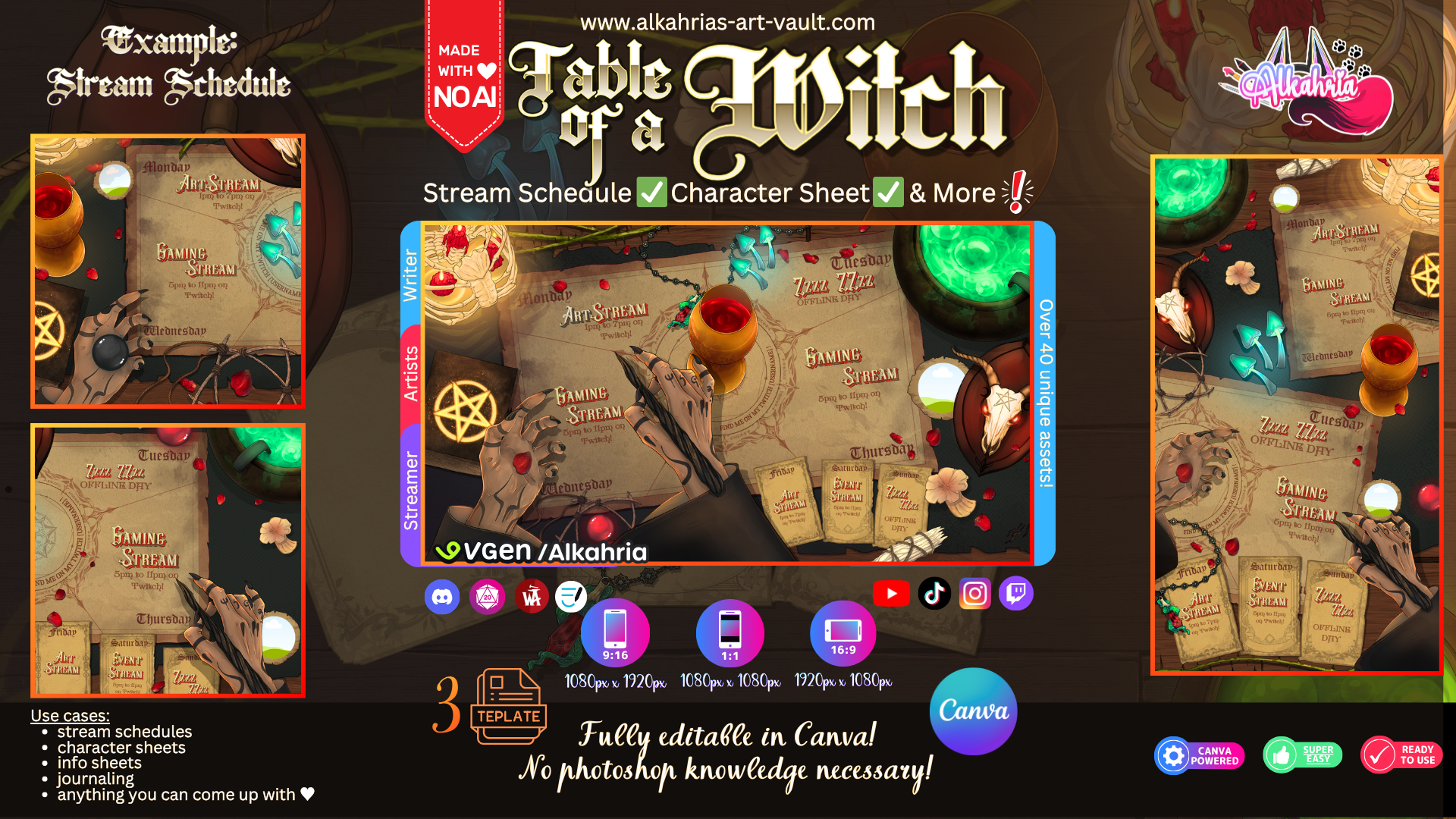 TABLE of a WITCH - moody, dark & shamanistic Art Asset Pack [40+ Assets in 3 Canva Templates]