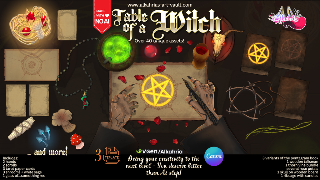 TABLE of a WITCH - moody, dark & shamanistic Art Asset Pack [40+ Assets in 3 Canva Templates]