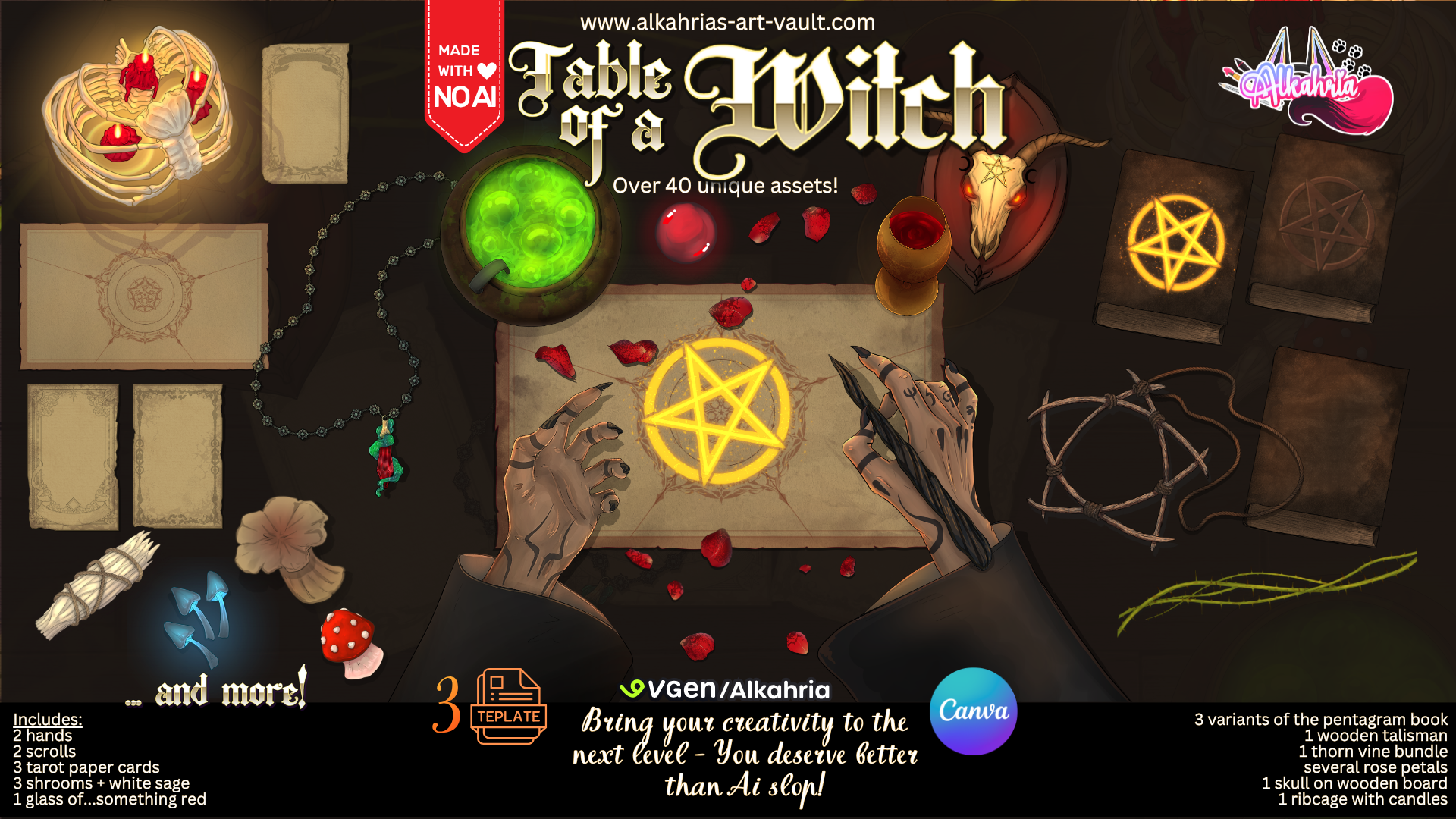 TABLE of a WITCH - moody, dark & shamanistic Art Asset Pack [40+ Assets in 3 Canva Templates]