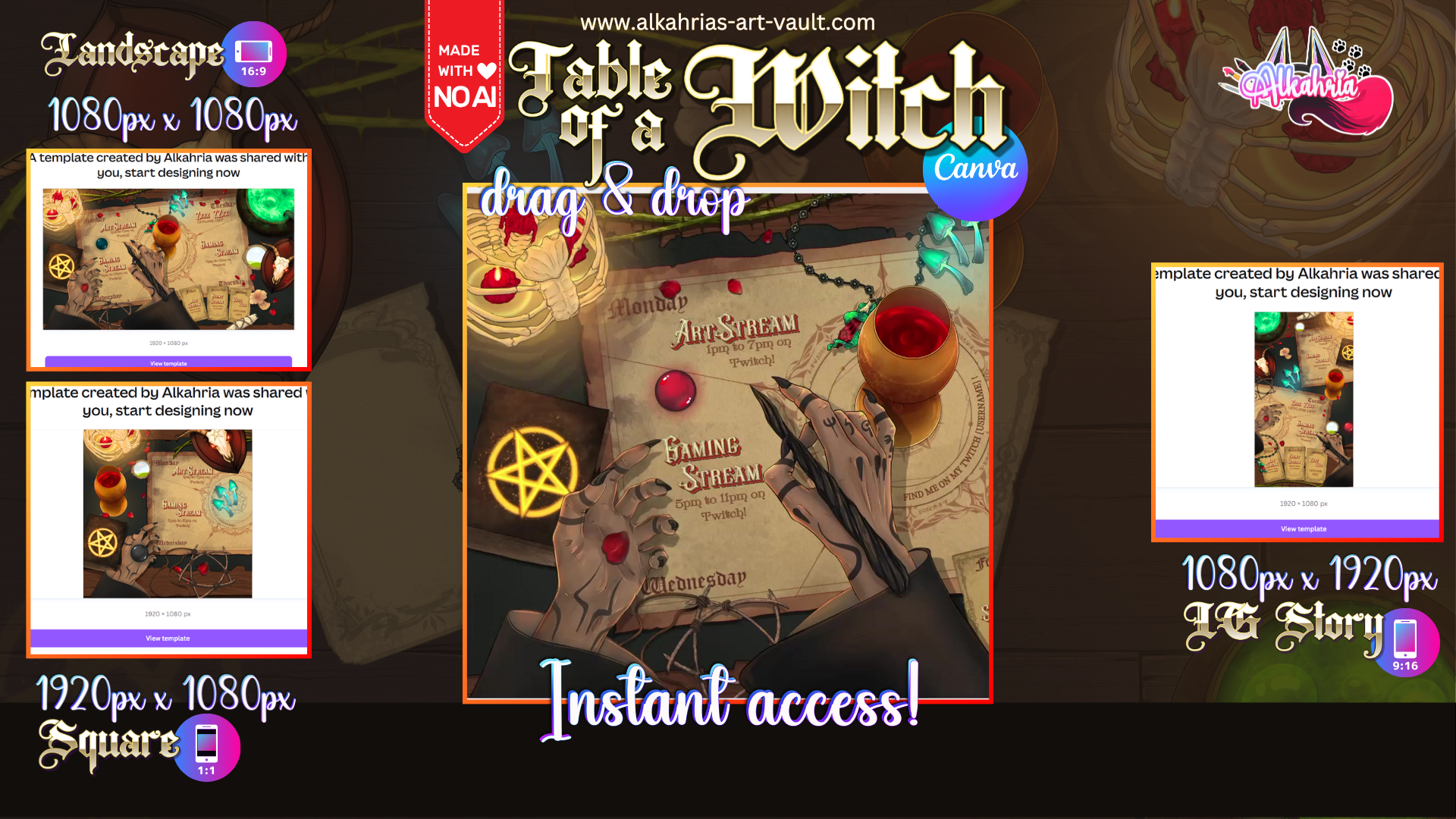 TABLE of a WITCH - moody, dark & shamanistic Art Asset Pack [40+ Assets in 3 Canva Templates]