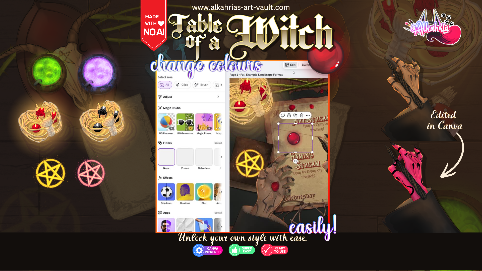 TABLE of a WITCH - moody, dark & shamanistic Art Asset Pack [40+ Assets in 3 Canva Templates]