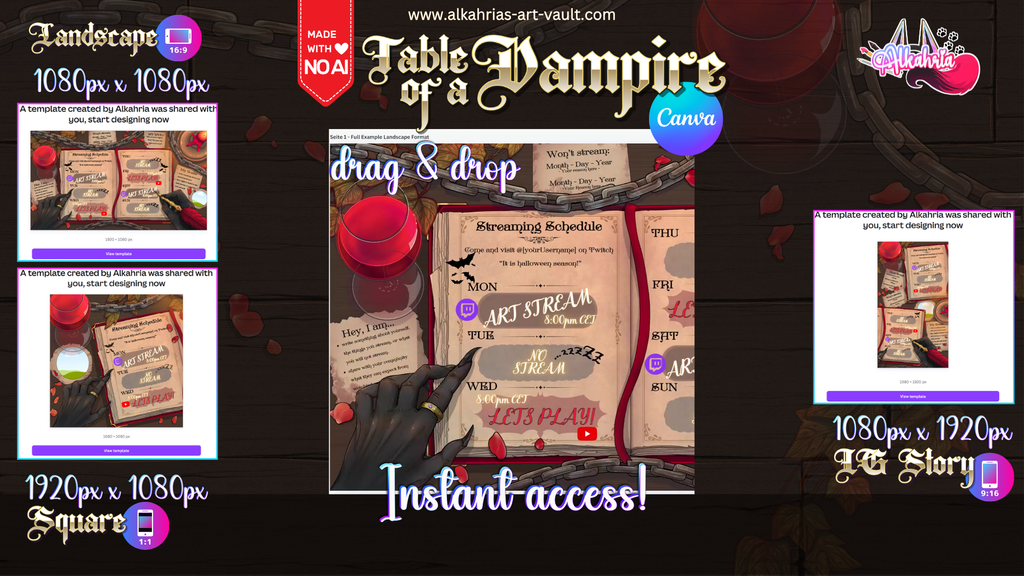 TABLE of a VAMPIRE - dark, romantic vampire Art Asset Pack [40+ Assets in 3 Canva Templates]