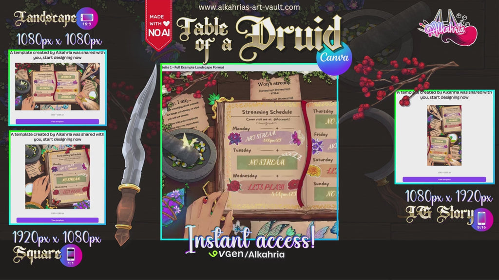 TABLE of a DRUID - nature coded, fantasy infused Art Asset Pack [40+ Assets in 3 Canva Templates]